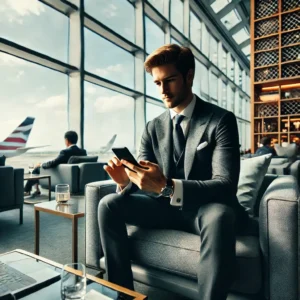 Airalo esim - A business traveler using their phone in an airport